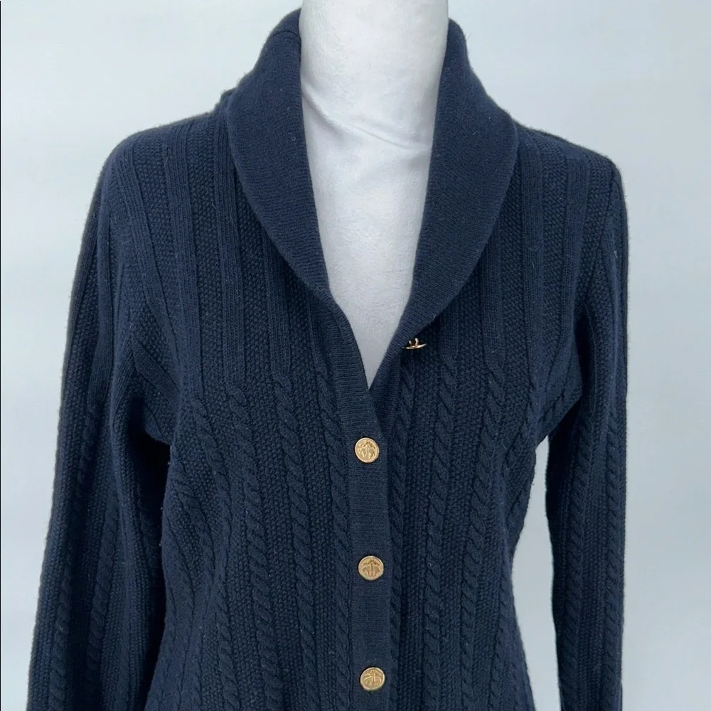 Brooks Brothers Navy Cable Knit Shawl Collar Cardigan Gold Buttons M - Picture 4 of 11